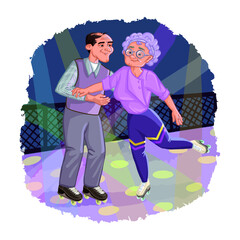 Vector illustration of a dancing couple on roller skates in the style of the 90s.
