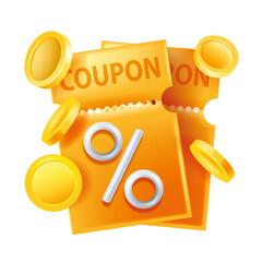 3D coupon, vector gift voucher, yellow discount lucky ticket, special offer promo isolated card, golden coin. Loyalty program certificate, cashback web shopping label, percent sign. 3D coupon clipart - obrazy, fototapety, plakaty