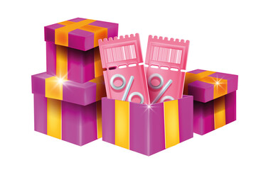 3d discount coupon, vector gift voucher banner, present box promo illustration, percentage sign. Special offer sale lucky pink ticket, loyalty program bonus gift, online shopping cashback. 3D coupon