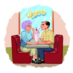 Vector illustration from the series "Be young" with the image of elderly people sitting in a roadside cafe and drinking a milkshake from tubes