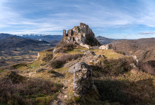 Ruins of the Cathar castle, the Chateau de Roquefixade, in the Ari&egrave;ge region of France
