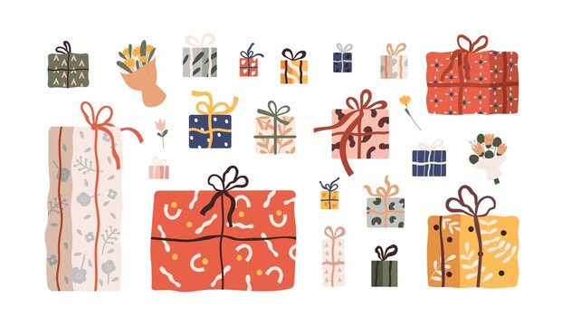 Gift boxes set. Presents, surprises wrapped in festive paper and ribbon, bow decor. Holiday flowers, packages of different shape, size. Flat graphic vector illustration isolated on white background