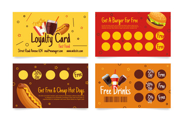 Collection fast food and drinks loyalty card collect sticker stamp for free vector illustration