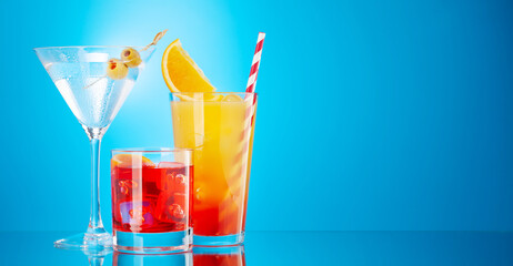 Negroni, tequila sunrise and martini cocktails