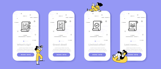 Documents set icon. Diploma, certificate, stamp, sheet of paper, office, employee, approved, checkmark, people, company, client, job. Business concept. UI phone app screens with people