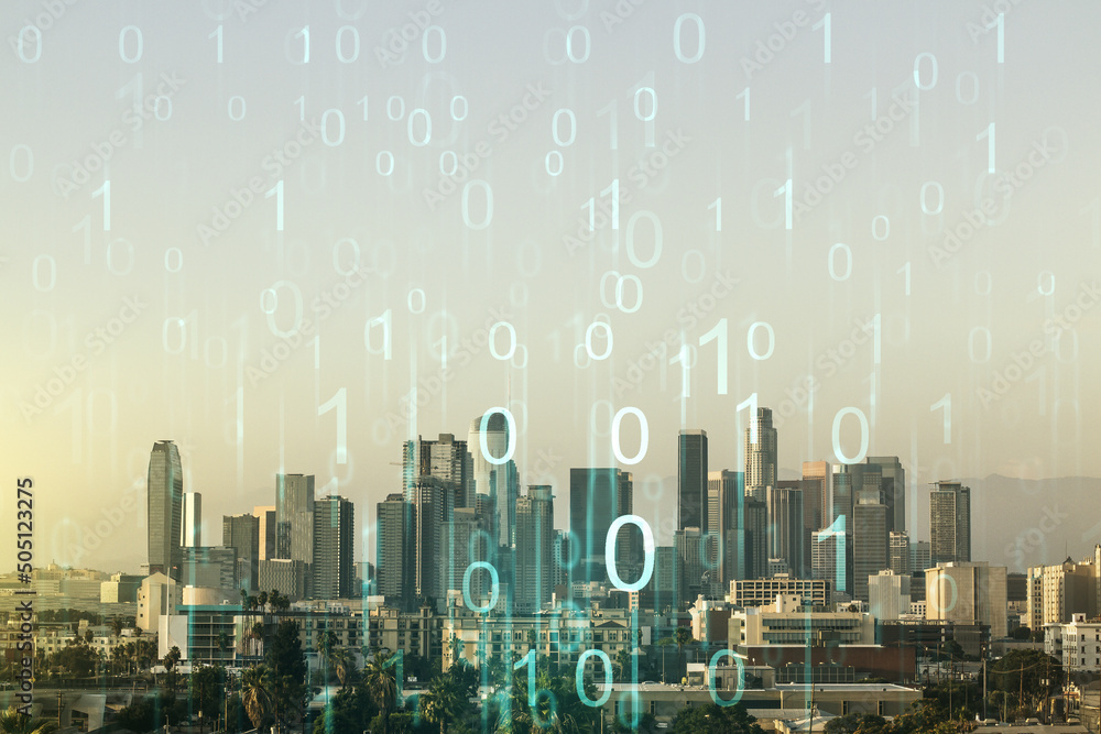 Poster abstract virtual binary code hologram on los angeles cityscape background, ai and machine learning c