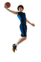 Young muscular basketball player in action, motion isolated on white background. Concept of sport,...