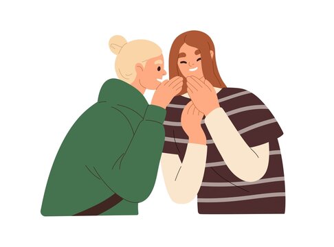 Women gossipping, whispering secrets, telling news. Girls friends talking, spreading rumors. Happy girlfriends giggling, chatting, tattling. Flat vector illustration isolated on white background