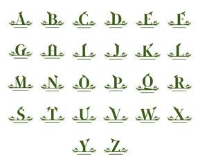 Vector set nature name monogram isolated on white background. Creative letters and numbers symbols in doodle style.