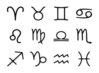 Vector set of zodiac signs in doodle style isolated on white background. 12 astrological horoscope symbols clip art.