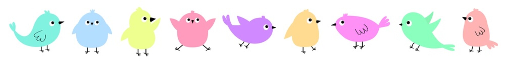 Bird icon set line. Cute kawaii cartoon funny baby character. Birds collection. Decoration element. Pastel color sticker. Flat design. Isolated. White background.