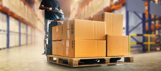 Workers Unloading Package Boxes on Pallet in Storage Warehouse. Cardboard Boxes, Cartons. Shipping...