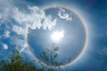 Sun halo is a natural phenomenon that looks like a reflection of many suns overlapping larger than...