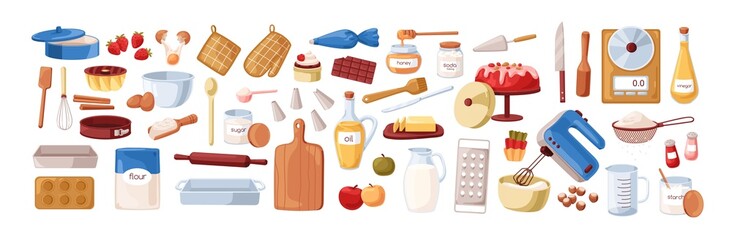 Baking ingredients, tools, utensils set. Kitchen supplies, bakery stuff for cooking cake. Flour bag, sugar, oil, butter, mixer, whisk. Flat graphic vector illustrations isolated on white background