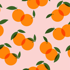 Orange fruits with green leaves, seamless vector pattern on a pink background. Surface design for paper, cover, fabric, gift wrapping, wall art, interior décor.