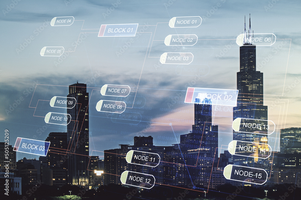 Aufkleber abstract virtual coding illustration on chicago cityscape background, software development concept. 