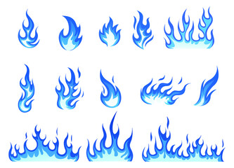 Set of blue flames vector illustration element, background, frame, effects, layout. Vector eps 10. Cartoon of flames. 