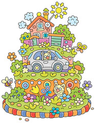 house on the roaFancy colorful sweet birthday cake decorated with a funny village house, a car, cats and flowers and butterflies on a sunny summer day, vector cartoon illustration on a white backgroud