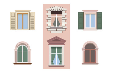 City windows in retro style. Big set of different windows. Isolated