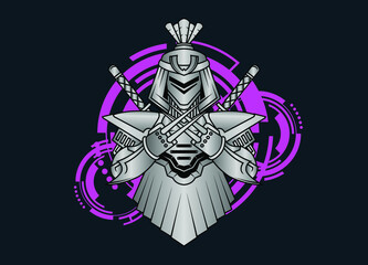 Modern vector illustration of Robotic Mecha Soldier Half Body armor. Titanium metal colour. Trend design. Vector Eps 10. For game card, symbol of mascot.
