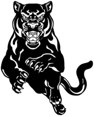Panther jump in the front view. Angry roaring black leopard. Front view. Isolated tattoo style vector illustration