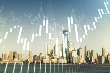 Fototapeta premium Double exposure of virtual creative financial diagram on New York office buildings background, banking and accounting concept