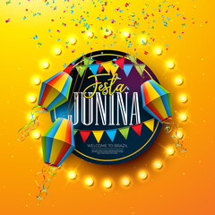 Festa Junina Illustration with Party Flags, Paper Lantern and Light Bulb Billboard on Yellow Background. Vector Brazil June Sao Joao Festival Design for Greeting Card, Banner or Holiday Poster.