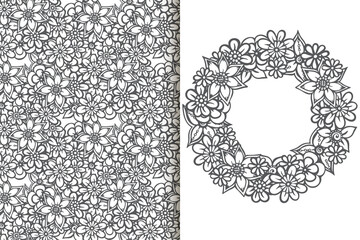 Abstract flower bouquet with seamless pattern. Floral background set