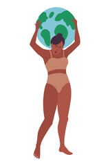 African american woman hold the world globe. Girls rule the world. Women power. The future is female. Racism, feminism, womens day, gender equality, body positive, Earth day concepts. 