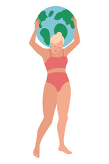 Woman hold the world globe. Girls rule the world. Women power. The future is female. Feminism, womens day, gender equality, body positive, Earth day concepts. Flat Vector stock illustration.