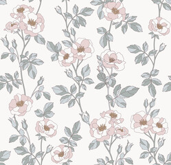 Floral seamless pattern for textile, wrapping paper and wallpaper. Leaves and flowers in the style of the 60s. Vintage botanical illustration. Vector background.