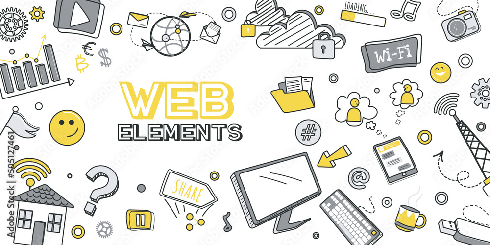 Poster web elements concept for banner design with flat line doodle pattern. hand drawing texture with butt