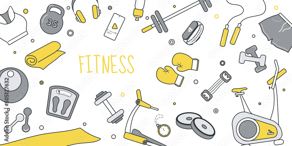 Wall mural fitness concept for banner design with flat line doodle pattern. hand drawing texture with exercise 