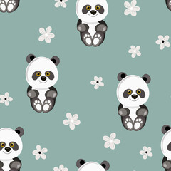 Seamless pattern with cute panda baby on color floral background. Funny asian animals. Card, postcards for kids. Flat vector illustration for fabric, textile, wallpaper, poster, gift wrapping paper