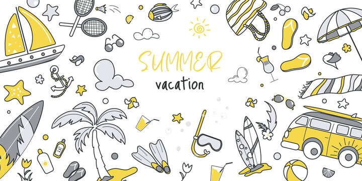 Summer vacation concept for banner design with flat line doodle pattern. Hand drawing texture with car, surfing, towel, umbrella, palm, slippers, cocktail and diving mask. Vector illustration for web