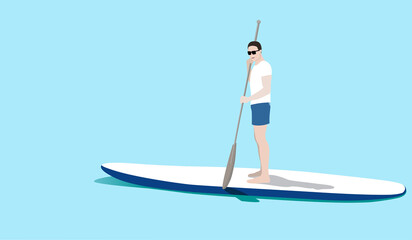 Young man standing on sup board floating in sea in sunny day. Tourist learning to paddle and balance on paddle board.