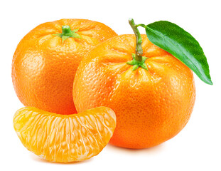 Ripe tangerine fruits with leaf and mandarin slices on white background.