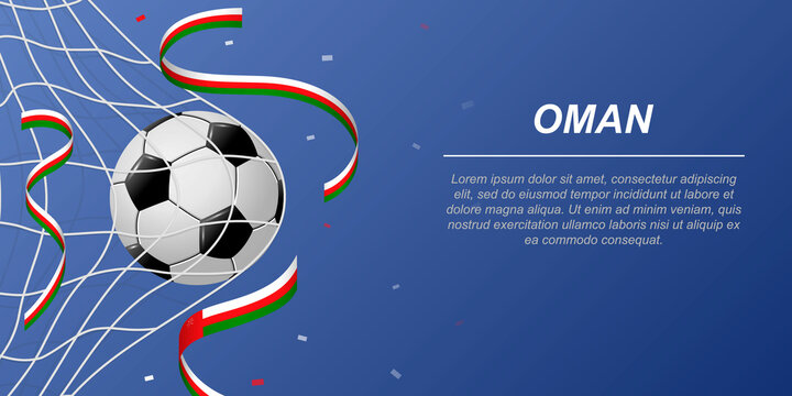 Soccer background with flying ribbons in colors of the flag of Oman
