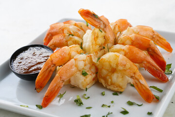 Brazilian dish of grilled shrimps with sauce