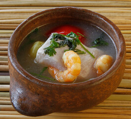 Brazilian dish of Caldeirada de Filhote, a type of Amazonian catfish cooked with shrimps and vegetables.