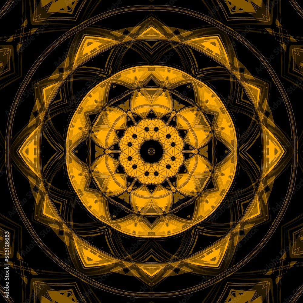 Aufkleber vivid yellow gold patterns on black background generating many intricate shapes and designs in a squ