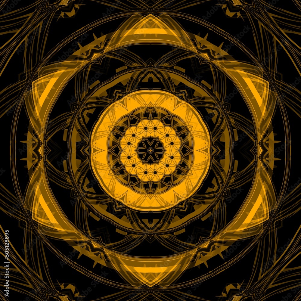 Poster vivid yellow gold patterns on black background generating many intricate shapes and designs in a squ