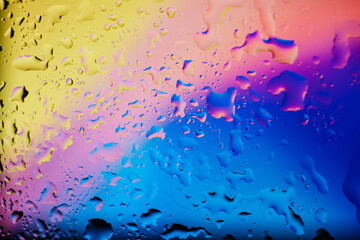 Water drops on glass background. Multi Color gradient texture or abstract background. Blank, template for screensaver.