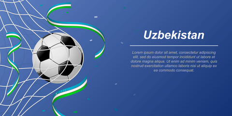Soccer background with flying ribbons in colors of the flag of Uzbekistan