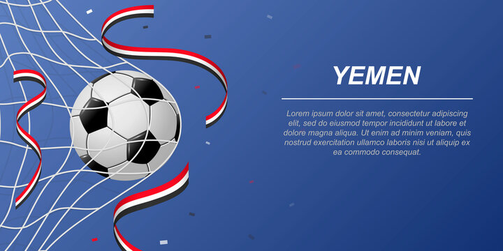 Soccer background with flying ribbons in colors of the flag of Yemen