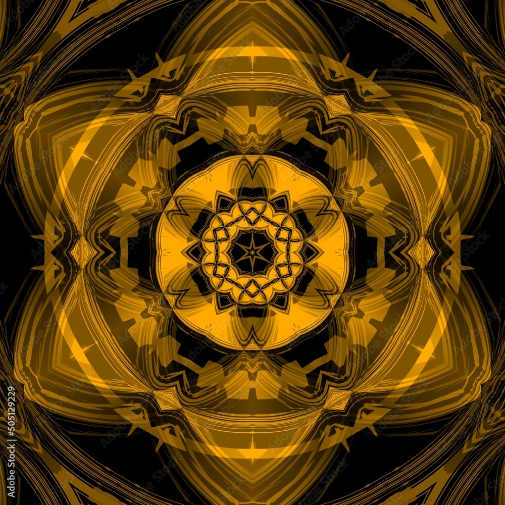 Aufkleber vivid yellow gold patterns on black background generating many intricate shapes and designs in a squ