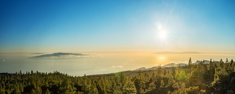 View of Island La Gomera above clouds from Teide National Park road. Tenerife Island.