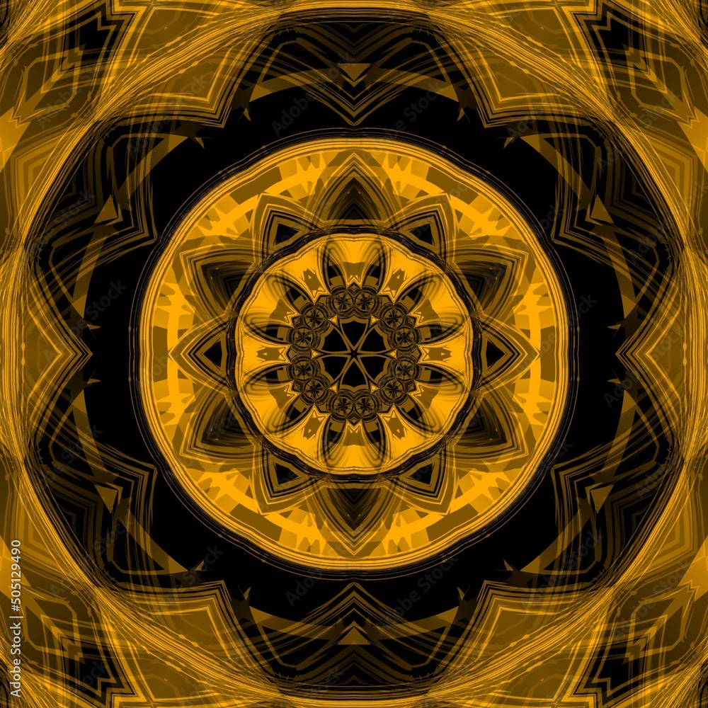 Aufkleber bright yellow gold patterns on black background generating many intricate shapes and designs in a sq