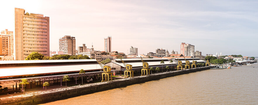 Aerial panoramic view of Esta&ccedil;&atilde;o das Docas, landmark of Bel&eacute;m do Par&aacute;, Amazon, Brazil.
