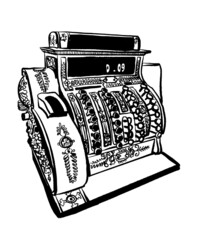 drawing picture old vintage cash register melitzine pharmaceutical apparatus, sketch, hand drawn digital vector